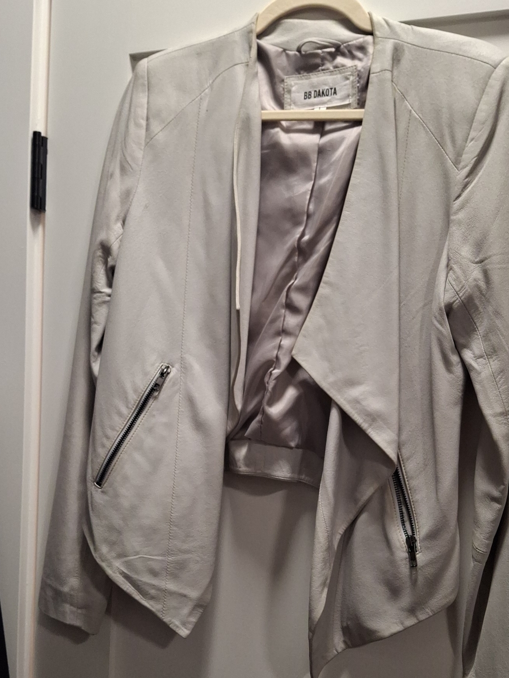 BB Dakota Light Gray Draped Open-Front Leather Jacket